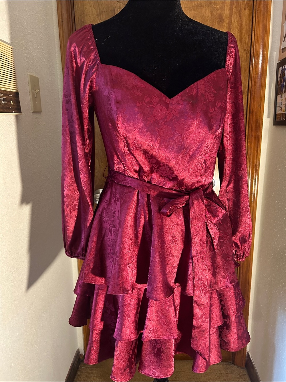 B Darlin Deep Magenta Tiered Long-Sleeve Dress with Waist Tie